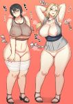  2girls armpits arms_behind_head bandages black_hair blonde_hair blush bottomless breast_hold breasts brown_eyes diamond_(shape) facial_mark fishnet_top fishnets heroherotom jewelry large_breasts multiple_girls naruto naruto_(series) nipple_slip nipples open_toe_shoes orange_background pendant ponytail pussy_juice shizune_(naruto) steam sweat thick_thighs thighs tsunade 