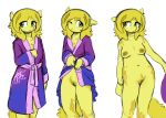  anthro bathrobe blonde_hair bracelet breasts clothing clothing_lift ear_piercing equid equine fan_character female fur genitals green_eyes hair hi_res horse jewelry looking_at_viewer mammal my_little_pony navel nipples nude one_eye_closed piercing pony pussy robe simple_background solo standing the-minuscule-task undressing white_background wink yellow_body yellow_fur 