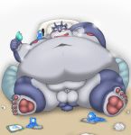  2020 anthro balls belly burenai food genitals hi_res humanoid_hands kemono lying male moobs navel nipples obese overweight overweight_male penis solo tokyo_afterschool_summoners tsathoggua video_games 