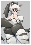  1girl aardwolf_(kemono_friends) aardwolf_ears aardwolf_print aardwolf_tail animal_ears animal_print arm_at_side ass bare_shoulders black_eyes black_hair black_shorts black_tail border breasts closed_mouth covered_nipples curvy cutoffs elbow_gloves extra_ears eyebrows_visible_through_hair from_behind from_below furrowed_eyebrows gloves grey_background grey_hair hair_between_eyes hand_on_ass hand_on_own_ass high_ponytail highres impossible_clothes impossible_shirt impossible_shorts kemono_friends legwear_under_shorts long_hair looking_at_viewer looking_back medium_breasts morimasakazu multicolored_hair outstretched_arm pantyhose pocket print_gloves print_legwear print_shirt shiny shiny_clothes shiny_skin shirt short_shorts shorts sidelocks simple_background sleeveless sleeveless_shirt smile solo spread_fingers tail two-tone_hair 
