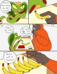  anthro ape banana cartoon_network cobra coby_(mao_mao) comic duo english_text feral fleshysack food fruit haplorhine hi_res kissing_booth male male/male mammal mao_mao:_heroes_of_pure_heart orangusnake orangutan plant primate reptile scalie slightly_chubby snake snake_hood tanner_(mao_mao) text 