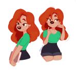  anthro ayshiun beauty_mark black_nose book bottomwear canid canine canis clothing disney domestic_dog female goof_troop hair long_hair mammal orange_hair red_hair roxanne_(goof_troop) shorts signature simple_background smile solo white_background 