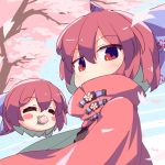  1girl blush_stickers bow cape cherry_blossoms closed_eyes commentary_request day disembodied_head eating food food_in_mouth hair_bow high_collar isu_(is88) looking_at_viewer outdoors petals purple_bow red_eyes red_hair sakura_mochi sekibanki short_hair solo touhou tree wagashi 