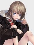  1girl 2019 :d black_jacket blue_eyes brown_hair character_request claw_pose copyright_request darkers down_jacket facial_mark feet_out_of_frame fur-trimmed_hood fur_trim grey_background hair_between_eyes hair_over_eyes highres hood hooded_jacket jacket knees_up looking_at_viewer medium_hair open_mouth oversized_clothes shiny shiny_hair simple_background sitting smile solo 