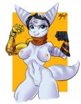  anthro blue_eyes breasts eyewear female flexing genitals goggles goggles_on_head lombax mammal mostly_nude nipples nude panthera_cantus pink_nipples pose prosthetic prosthetic_arm prosthetic_limb pussy ratchet_and_clank rift_apart_lombax scarf simple_background smile solo standing stripes video_games 