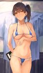  1girl arm_behind_back arm_under_breasts bangs bikini blue_bikini blush breasts brown_eyes brown_hair closed_mouth clothes_hanger fukazaki hair_ribbon highres kaga_(kantai_collection) kantai_collection large_breasts micro_bikini ponytail ribbon side_ponytail solo swimsuit 