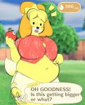  absurd_res animal_crossing anthro apple belly big_belly big_breasts blonde_hair breasts canid canine canis clothed clothing domestic_dog emanata english_text female food fruit fur hair hi_res holding_food holding_object isabelle_(animal_crossing) mammal nintendo open_mouth overweight overweight_female plant shih_tzu signature solo stuffing text thehoodeddragon toy_dog tree video_games weight_gain yellow_body yellow_fur 
