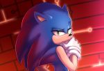  anthro black_nose blue_body blue_ears blue_fur clothing eulipotyphlan fur gloves gloves_only green_eyes hand_on_chin handwear hedgehog hi_res krazyelf male mammal pose smile solo sonic_the_hedgehog sonic_the_hedgehog_(series) white_clothing white_gloves 