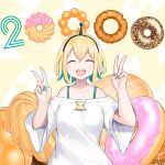  1girl :d ^_^ amano_pikamee aqua_nails bangs bare_shoulders beige_background black_hairband blonde_hair blush breasts closed_eyes collarbone commentary_request dated double_v doughnut eyebrows_visible_through_hair facing_viewer food green_hair hair_between_eyes hairband hands_up highres multicolored_hair nail_polish off-shoulder_shirt off_shoulder open_mouth sharp_teeth shirt short_sleeves signature small_breasts smile solo teeth traveler_(artbbt) two-tone_hair upper_body v virtual_youtuber voms white_shirt wide_sleeves 