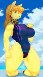  2019 5_fingers absurd_res anthro beach big_breasts breasts cat_pepper clothed clothing female fingers fur giraffe giraffid green_eyes hair hi_res kemono kneeling long_hair long_neck mammal one-piece_swimsuit open_mouth orange_hair outside seaside solo sport_swimsuit swimwear thick_thighs wet yellow_body yellow_fur 