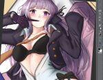  1girl black_bra bra braid breasts clip_studio_paint_(medium) danganronpa danganronpa_1 gloves ippers jacket kirigiri_kyouko large_breasts long_hair lying on_back open_clothes open_jacket orange_neckwear purple_eyes purple_hair purple_jacket side_braid underwear work_in_progress zipper zipper_pull_tab 