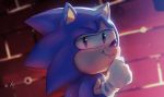  2020 anthro black_eyes blue_body blue_fur classic_sonic classic_sonic_(universe) clothing digital_media_(artwork) eulipotyphlan eyebrows fur gloves hand_on_chin handwear hedgehog hi_res looking_at_viewer male mammal meme raised_eyebrow signature smile smug solo sonic_the_hedgehog sonic_the_hedgehog_(series) spacecolonie 