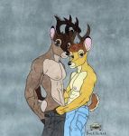  anthro antlers bambi bambi_(film) bottomwear buick_skylark cervid cervine clothing disney frottage horn ink jeans love male male/male mammal manly muscular nipples painting_(artwork) pants ronno sex traditional_media_(artwork) watercolor_(artwork) 