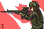  1girl aiming assault_rifle braid braided_ponytail brown_hair camouflage canadian_flag colt_canada_c7_rifle from_side glasses gloves gun hair_between_eyes headphones helmet highres holding holding_gun holding_weapon knife medium_hair military military_uniform ndtwofives original rifle safety_glasses sheath sheathed solo standing tagme uniform weapon 
