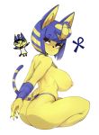  1girl absurdres animal_ears ankh ass bob_cut breasts cat_ears cat_tail doubutsu_no_mori egyptian eyeliner from_behind furry hair_ornament highres large_breasts looking_at_viewer looking_back makeup nile_(doubutsu_no_mori) nipples shiny shiny_hair shiny_skin short_hair simple_background sitting slugbox snake_hair_ornament solo striped_tail sweat tail thong topless underboob white_background yellow_skin 