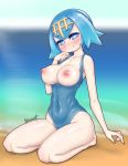  1girl alternate_breast_size artist_name bangs bare_shoulders barefoot beach blue_background blue_eyes blue_hair blue_nails blue_swimsuit blurry blurry_background blush blush_stickers breasts breasts_outside closed_mouth collarbone covered_navel day eyebrows_visible_through_hair groin hairband half-closed_eyes hand_up happy head_tilt heart heart-shaped_pupils horizon kionant kneeling large_breasts looking_at_viewer mixed-language_commentary nail_polish nipples ocean one-piece_swimsuit outdoors pokemon pokemon_(game) pokemon_sm sand seiza shiny shiny_clothes shiny_hair shiny_skin short_hair signature sitting skindentation smile solo suiren_(pokemon) swimsuit symbol-shaped_pupils trial_captain water wide_hips yellow_hairband 
