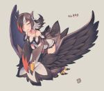  1girl bangs bare_shoulders bird bird_tail black_hair brown_eyes commentary_request dress grey_background kuromiya long_hair looking_at_viewer multicolored_hair off-shoulder_dress off_shoulder parted_lips personification pokedex_number pokemon pokemon_(creature) red_hair simple_background staraptor tail tail_feathers two-tone_hair v-shaped_eyebrows white_dress white_hair 