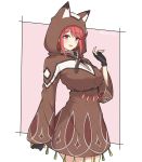  1girl animal_hood bangs black_gloves breasts brown_hoodie cowboy_shot fingerless_gloves gloves highres homura_(xenoblade_2) hood large_breasts looking_at_viewer mochimochi_(xseynao) poncho red_eyes red_hair smile solo swept_bangs xenoblade_(series) xenoblade_2 
