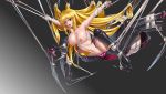  1girl ahoge arachne bdsm blonde_hair breasts collarbone commentary_request insect_girl large_breasts long_hair looking_at_viewer monster_girl navel nude open_mouth original red_eyes restrained shiny shiny_skin silk simple_background spider_girl spider_web upper_teeth very_long_hair yin_gren 