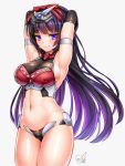  1girl armpits arms_behind_head bangs black_gloves blunt_bangs blush breasts doyouwantto elbow_gloves eyebrows_visible_through_hair frame_arms_girl gloves hairband headgear long_hair looking_at_viewer magatsuki navel purple_eyes purple_hair revealing_clothes sideboob solo 