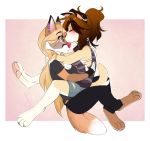  2020 4_toes 5_fingers anthro barefoot breasts brown_hair canid canine canis clothed clothing digital_media_(artwork) digitigrade domestic_dog duo female female/female fingers fox hair kissing mammal toes wolflady 