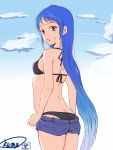  1girl ass bangs bikini black_bikini blue_eyes blue_hair blue_shorts blue_sky breasts cloud commentary_request cowboy_shot from_behind gradient_hair highres kantai_collection long_hair looking_at_viewer multicolored_hair pocket samidare_(kantai_collection) short_shorts shorts side-tie_bikini signature sky small_breasts solo standing swept_bangs swimsuit tsuki_no_waguma_sansei undressing very_long_hair 