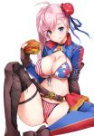  1girl american_flag_bikini asymmetrical_hair bangs belt bikini blue_eyes blue_ribbon blush breasts brown_footwear brown_gloves bun_cover cleavage fate/grand_order fate_(series) fingerless_gloves flag_print food gloves hair_bun hamburger highres knees_up large_breasts licking_lips long_hair long_sleeves looking_at_viewer miyamoto_musashi_(fate/grand_order) miyamoto_musashi_(swimsuit_berserker)_(fate) navel pink_hair ribbon sezoku shrug_(clothing) side_bun single_thigh_boot sitting smile swept_bangs swimsuit tongue tongue_out 