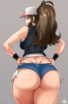  1girl ass blue_eyes breasts brown_hair butt_crack curvy from_behind grey_background hands_on_hips highres jmg large_breasts long_hair looking_at_viewer looking_back pokemon pokemon_(game) pokemon_bw ponytail short_shorts shorts signature simple_background solo thick_thighs thighs thong touko_(pokemon) wide_hips 