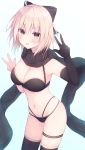  1girl ahoge armpits bare_shoulders bikini black_bikini black_gloves black_legwear blonde_hair bow breasts cleavage cowboy_shot double_w elbow_gloves fate/grand_order fate_(series) firepo gloves groin hair_bow hands_up highres large_breasts looking_at_viewer multi-strapped_bikini navel okita_souji_(fate)_(all) okita_souji_(swimsuit_assassin)_(fate) open_mouth scarf short_hair single_glove smile solo stomach swimsuit thigh_strap thighhighs thighs w yellow_eyes 