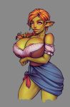  2020 areola big_breasts boobsgames braided_hair breasts cleavage clothed clothing dress ear_piercing female goblin grey_background hair hi_res humanoid humanoid_pointy_ears not_furry orange_hair piercing pink_eyes portrait simple_background solo three-quarter_portrait 