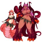  2girls :d alternate_costume blush breasts claws cleavage crossover dark_skin detached_sleeves dragon_girl dragon_wings english_commentary eyebrows_visible_through_hair full_body hair_between_eyes hair_ornament hairclip height_difference jabberwock_(monster_girl_encyclopedia) lamia large_breasts long_hair looking_at_another midriff miia_(monster_musume) monster_girl monster_girl_encyclopedia monster_musume_no_iru_nichijou multiple_girls navel nose_blush open_mouth purple_eyes purple_hair red_hair rtil scales simple_background skindentation smile tail tall_female teeth tongue wavy_mouth white_background wings yellow_eyes 