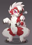  2020 acky05 ambiguous_gender angry anthro black_claws black_nose blush bodily_fluids canid canine claws fingers fur grey_background hair hi_res lycanroc mammal midnight_lycanroc nintendo pink_eyes pok&eacute;ball pok&eacute;mon pok&eacute;mon_(species) red_body red_fur sharp_teeth simple_background solo sweat teeth thick_thighs toe_claws video_games white_body white_fur white_hair 