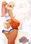  absurd_res anthro ball basketball_(ball) basketball_uniform blue_clothing bottomwear breasts butt clothing female gloves hair handwear hi_res lagomorph leporid lola_bunny looney_tunes mammal rabbit rear_view smile solo sportswear topwear uniform vexstacy warner_brothers white_clothing white_gloves 