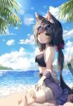  1girl albinoraccoon animal_ears bare_shoulders black_hair blue_sky bow breasts cat_ears cat_tail cloud eyebrows_visible_through_hair green_eyes hair_bow highres horizon island karyl_(princess_connect!) lens_flare low_twintails multicolored_hair ocean off_shoulder palm_tree princess_connect! princess_connect!_re:dive short_shorts shorts sitting sky small_breasts streaked_hair sunglasses swimsuit tail tree twintails wariza 