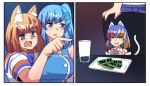 1boy 3girls :3 animal_ear_fluff animal_ears bangs blue_eyes blue_hair blunt_bangs blush cat_ears cat_tail elbow_gloves eyebrows_visible_through_hair fang firefox firefox_(merryweather) fox_ears gloves google_chrome google_chrome_(merryweather) hair_ornament half-closed_eyes highres hinghoi internet_explorer internet_explorer_(merryweather) internet_explorer_(webcomic) long_hair meme merryweather multicolored multicolored_eyes multicolored_hair multiple_girls open_mouth orange_hair pointing_at_another short_eyebrows short_hair short_sleeves side_ponytail sitting sleeveless sweatdrop tail v-shaped_eyebrows woman_yelling_at_cat 