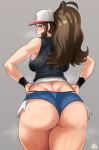  1girl ass blue_eyes breasts brown_hair butt_crack curvy from_behind grey_background hands_on_hips highres jmg large_breasts long_hair looking_at_viewer looking_back pokemon pokemon_(game) ponytail short_shorts shorts signature simple_background solo steam sweat thick_thighs thighs thong touko_(pokemon) wide_hips 