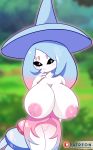  5_fingers absurd_res areola big_breasts blush breasts female fingers genitals hatterene hi_res humanoid looking_at_viewer nintendo nipples not_furry patreon pok&eacute;mon pok&eacute;mon_(species) pseudo_hair pussy raydonxd smile solo text url video_games 