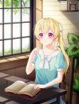  1girl absurdres aqua_shirt bang_dream! bangs blonde_hair blue_shirt book bow chair collarbone commentary_request day eyebrows_visible_through_hair hair_between_eyes hair_ornament hair_ribbon hand_up hara_(xper8243) highres huge_filesize indoors long_hair looking_at_viewer on_chair open_book pink_eyes plant pleated_skirt puffy_short_sleeves puffy_sleeves purple_eyes ribbon shirasagi_chisato shirt short_sleeves sidelocks sitting skirt smile solo white_bow white_ribbon window 