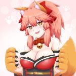  1girl animal_ear_fluff animal_ears bell bell_collar blush breasts cat_paws cleavage collar collarbone eyebrows_visible_through_hair fate/grand_order fate_(series) fox_ears fox_girl fox_tail gloves gradient gradient_background hair_ribbon highres jingle_bell keita_naruzawa large_breasts long_hair looking_at_viewer paw_gloves paws pink_hair ponytail red_ribbon ribbon solo tail tamamo_(fate)_(all) tamamo_cat_(fate) yellow_eyes 