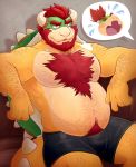 anthro beard bearded bodily_fluids body_hair bowser bowser_jr. boxers_(clothing) breath chest_hair clothing crying duo eyebrows facial_hair furniture hair horn koopa makowolf1 male mario_bros nintendo pubes reptile scalie sitting sofa tears thick_eyebrows underwear video_games 