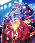  abs anthro anthrofied black_body black_fur claws fighting_ring fire fur fur_tuft green_eyes grin hand_on_hip hi_res incineroar low-angle_view male muscular muscular_male nintendo orzero pecs pok&eacute;mon pok&eacute;mon_(species) pok&eacute;morph red_body red_fur sharp_teeth smile solo spotlight teeth tuft video_games yellow_sclera 