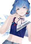  1girl alternate_costume bangs bare_arms bare_shoulders blue_choker blue_eyes blue_hair blue_hairband blue_nails blue_ribbon blue_shirt choker cirno collarbone commentary_request crop_top eyebrows_visible_through_hair hairband highres hillly_(maiwetea) ice ice_wings looking_at_viewer midriff nail_art navel ribbon ribbon_choker shirt short_hair simple_background sleeveless sleeveless_shirt solo stomach touhou upper_body white_background wings yellow_nails 