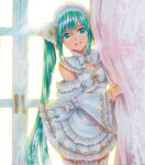  1girl backlighting bangs bow cowboy_shot curtain_grab curtains detached_sleeves door dress english_commentary frilled_dress frills garter_straps green_eyes green_hair hatsune_miku highres long_hair looking_at_viewer maid_headdress marker_(medium) mayo_riyo pleated_dress ribbed_dress ribbon-trimmed_sleeves ribbon_trim see-through side_ponytail sidelocks smile solo thighhighs traditional_media very_long_hair vocaloid white_bow white_legwear white_theme wide_sleeves 