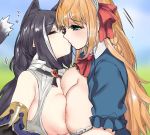  2girls animal_ear_fluff animal_ears aqua_eyes arm_around_neck ascot asymmetrical_docking bangs bare_shoulders black_hair blurry blurry_background blush braid breast_press breasts breasts_outside cat_ears cat_girl cat_tail closed_eyes day depth_of_field detached_sleeves eyebrows_visible_through_hair flying_sweatdrops french_kiss gloves hair_ribbon half-closed_eyes highres inverted_nipples karyl_(princess_connect!) kiss large_breasts long_hair low_twintails medium_breasts multicolored_hair multiple_girls outdoors pd_(pdpdlv1) pecorine princess_connect! red_neckwear red_ribbon ribbon short_sleeves side_braid streaked_hair tail twintails upper_body very_long_hair white_gloves white_hair yuri 