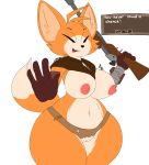  absurd_res anthro azlech bandit_hermit_(gunfire_reborn) canid canine dipstick_tail female fox genitals gun gunfire_reborn hi_res mammal multicolored_tail nipples pussy ranged_weapon smile solo standing translucent weapon 