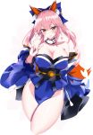  1girl :q absurdres animal_ear_fluff animal_ears bare_shoulders blue_ribbon blush breasts cleavage collarbone eyebrows_visible_through_hair fate/extra fate_(series) fox_ears fox_shadow_puppet hair_ribbon hanasaki_houcha heart highres large_breasts looking_at_viewer pink_hair ribbon simple_background tamamo_(fate)_(all) tamamo_no_mae_(fate) thighs tongue tongue_out twintails white_background 