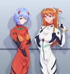  2girls ayanami_rei ayanami_rei_(cosplay) blue_eyes blue_hair bodysuit chobi_kuma cosplay costume_switch cowboy_shot embarrassed interface_headset long_hair looking_at_viewer multiple_girls neon_genesis_evangelion orange_hair pilot_suit plugsuit red_bodysuit red_eyes shadow short_hair smile souryuu_asuka_langley souryuu_asuka_langley_(cosplay) standing tongue tongue_out two_side_up white_bodysuit 