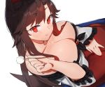  1girl animal_ear_fluff animal_ears bangs blush breasts brown_hair cleavage commentary_request eyebrows_visible_through_hair hand_up holding imaizumi_kagerou kasuka_(kusuki) large_breasts long_hair looking_at_viewer mimikaki off-shoulder_shirt off_shoulder red_eyes red_skirt shirt simple_background skirt smile solo tail touhou white_background white_shirt wolf_ears wolf_tail 