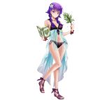  1girl absurdres bangs bare_shoulders bikini book breasts cleavage closed_mouth collarbone commentary dual_wielding eyebrows_visible_through_hair fire_emblem fire_emblem:_the_sacred_stones fire_emblem_heroes flower full_body hair_flower hair_ornament highres holding holding_book leaf long_hair looking_at_viewer lute_(fire_emblem) medium_breasts navel official_art open_book open_toe_shoes purple_eyes purple_hair sandals see-through seo_kouji shiny shiny_hair shiny_skin simple_background solo stomach swimsuit thighs tied_hair white_background 