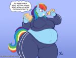  anthro anthrofied belly belly_overhang big_belly big_breasts blue_body breasts burger camel_toe clothing eating english_text female food friendship_is_magic hair hot_dog morbidly_obese morbidly_obese_female multicolored_hair multicolored_tail my_little_pony navel nekocrispy obese obese_female overweight overweight_female rainbow_dash_(mlp) rainbow_hair rainbow_tail signature simple_background solo text thick_thighs thought_bubble tracksuit weight_gain 